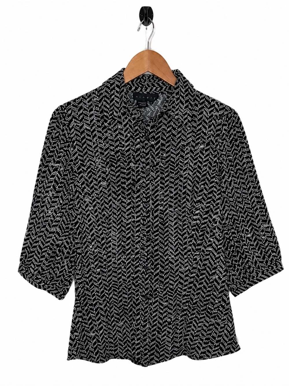Ninety Black White Abstract Print Button Front Blouse Size Large